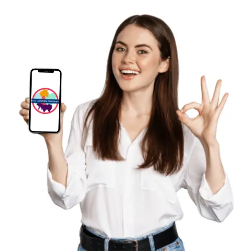 happy girl showing london coverage area on phone