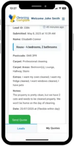 cleaning services lead generation platform with send quote button